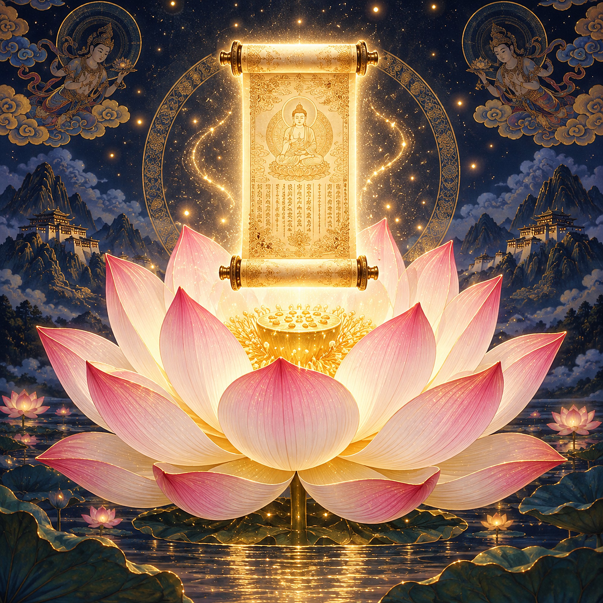 A glowing sutra scroll resting on an open pink lotus at night