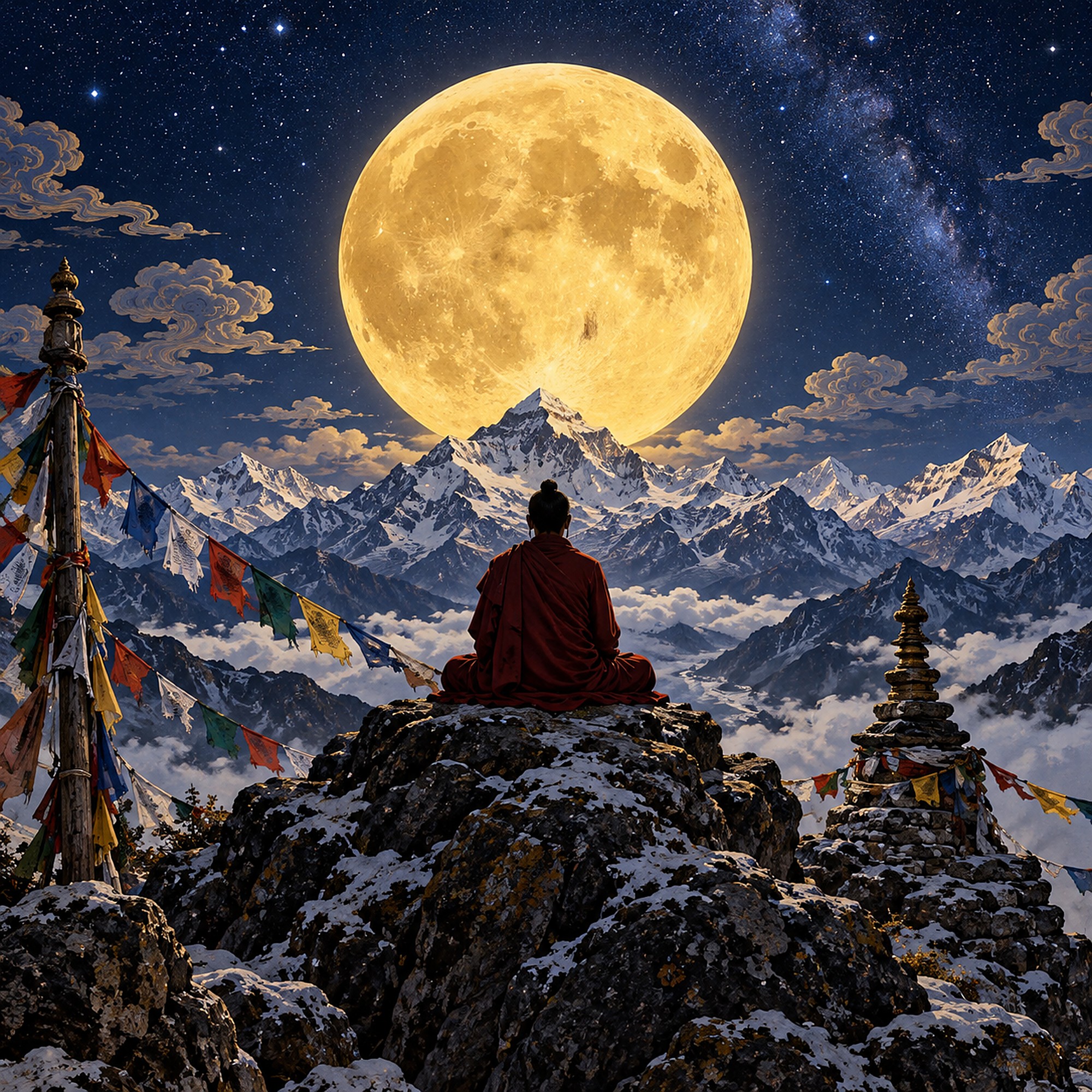 A meditation master seated on a Himalayan outcrop under a golden full moon