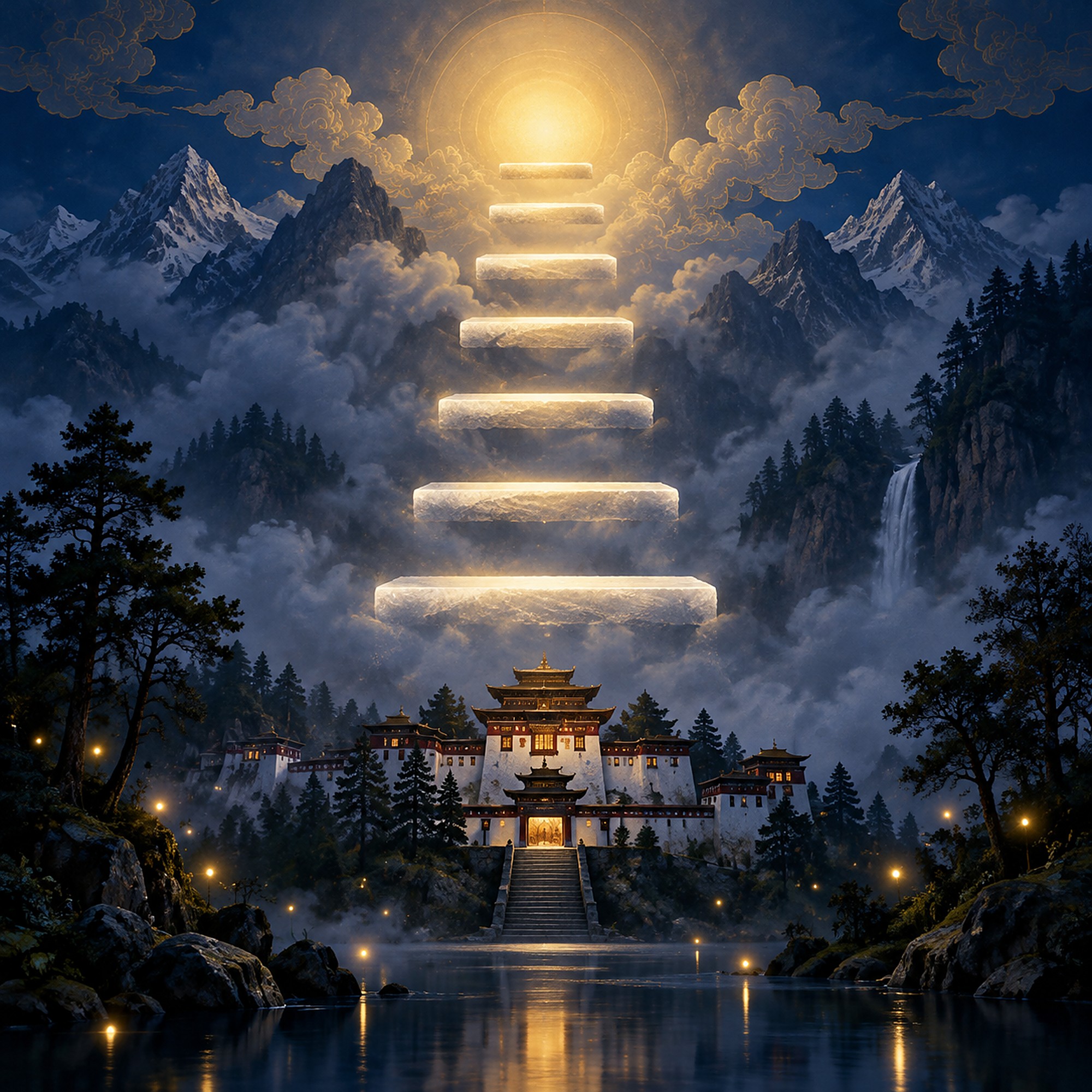 Seven glowing steps rising through mist toward light above a forest monastery