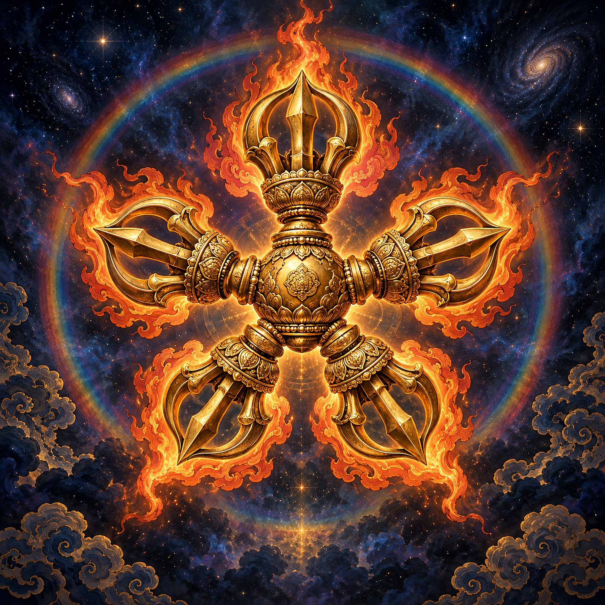 A golden flaming vajra against a cosmic night sky